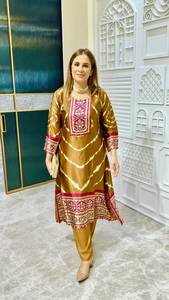 <b>Women</b> Mustard Brown Silk Quick Dry Ethnic <b>Kurti</b> with Tie Dye Floral Embroidered Border Pants Set All Seasons - Product Image 2