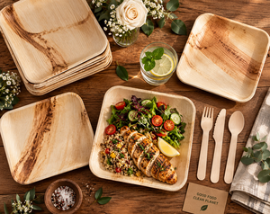 Nouvelles assiettes jetables carrées en feuille de palmier Areca de 7 pouces avec couverts en bois de bouleau, vaisselle naturelle écologique, lot de 50 - Product Image 1