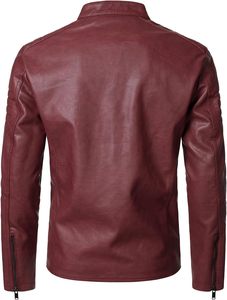 <b>Men</b> Red PU <b>Leather</b> Moto Biker <b>Jacket</b> Stand Collar Zipper Front Solid Color Regular Sleeve Autumn Style - Product Image 5