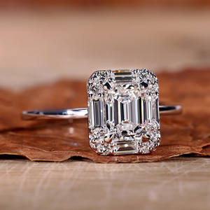 <b>Emerald</b> Cut Moissanite Halo Engagement <b>Ring</b> Art Deco <b>Silver</b> Prong Setting IGI for Certified Bridal <b>Ring</b> for Women - Product Image 4