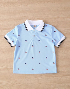 Light Blue Printed Short Sleeve Polo Shirt with Navy Trim for Kids Casual Eco-Friendly Breathable School Uniform Look - Product Image 2