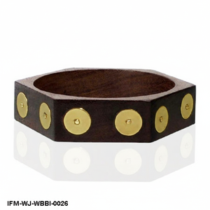 Bracelet en bois foncé hexagonal fait main avec points incrustés en laiton, style bohème géométrique, pour femme - Product Image 1