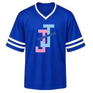 Maillot de sport bleu roi JJ brodé à col en V, manches courtes, rayures blanches, léger, pour équipe sportive - Product Image 1