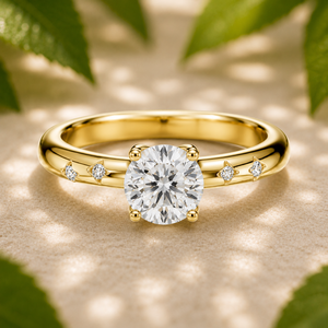 Bague de fiançailles solitaire en or jaune 14 carats avec diamant de laboratoire rond serti en clos, certifié IGI VVS, motif floral personnalisé, bijoux fins - Product Image 1