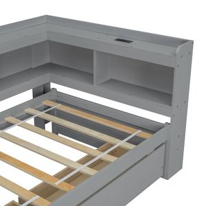 Letto a L in Legno per Letto Singolo con Libreria, Prese di Corrente e Porte USB, Due Cassetti, Colore Grigio - Product Image 6