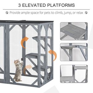 Casetta per Gatti da Esterno in Legno Grigio 180x80 cm, Grande Recinto per Animali Domestici da Interno con 3 Piattaforme e Tetto in Asfalto per Piccoli Animali e Cani - Product Image 5