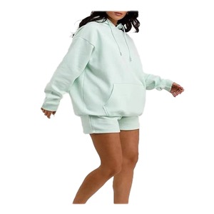 Ensemble short et sweat à capuche en toile coupe droite et col montant, motif uni, pour femme – Tenue décontractée et activités de plein air - Product Image 2