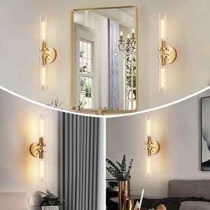 Set di Due Applique da Bagno Moderne Dorate con Vetro Trasparente, Illuminazione a Parete Elegante e Moderna - Product Image 2