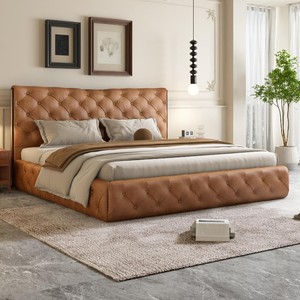 Modern Faux Leather Upholstered King Size <b>Bed</b> Tufted Headboard Soft <b>Bed</b> Frame Box Spring Design - Product Image 1