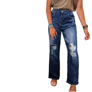 Jean en denim déchiré taille haute pour femme, coupe ample, style vintage décontracté, longueur intégrale, en coton, collection printemps - Product Image 1