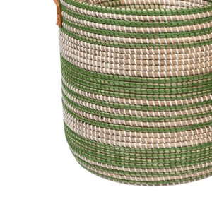 Custom Made Green Striped Seagrass <b>Basket</b> Handcrafted Storage Laundry <b>Hamper</b> Container Bin with Upright Leather Handles - Product Image 3
