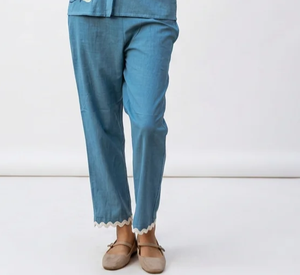 Blue Linen Cotton Embroidered Floral Shirt and <b>Trousers</b> Set for Women with Turn-<b>down</b> Collar and Three Quarter Sleeve Casual Wear - Product Image 3