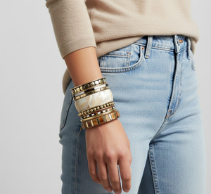 Juego de Brazaletes Hechos a Mano con Incrustaciones de Madreperla y Resina, Tono Dorado, Apilables, Estilo Tribal Étnico, Joyería al por Mayor - Product Image 2