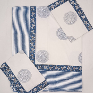 Premium Knnotted Earth White Blue Floral Jaipuri Indian Hand <b>Block</b> Printed 100% Cotton 3-Piece Classic Bedsheet Set All Season - Product Image 1