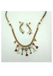 Traditional Gold Plated Kundan Choker <b>Necklace</b> <b>Set</b> with Red Green Stones and <b>Pearl</b> Drops Bridal Wedding Jewelry - Product Image 2