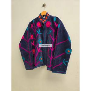 Veste matelassée unisexe en velours de coton tricoté avec broderie florale style bohème hippie, col montant, séchage rapide, longueur standard - Product Image 4