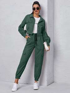 Conjunto deportivo de dos piezas para mujer, color verde, con chaqueta con cremallera y pantalones jogger con cordón, estilo casual para la calle. - Product Image 6