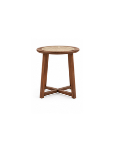 Table basse ronde moderne en teck massif avec plateau en rotin, design minimaliste, meubles de salon faits à la main - Product Image 1