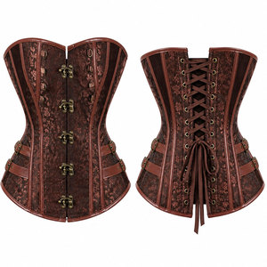 Women Brown Floral <b>Corset</b> With Leather Trim Hook And Eye Front Lace Up Back Firm Control <b>Shapewear</b> Women <b>Corset</b> - Product Image 1