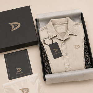 Chemise en denim crème avec empiècements en dentelle noire, rivets perlés et insignes brodés, coupe ample, style rétro années 90, streetwear skate - Product Image 5