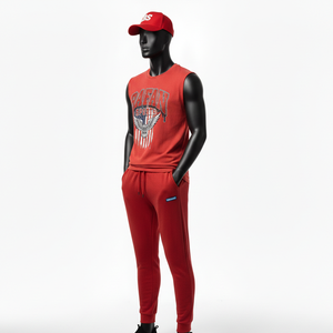 Conjunto de camiseta sin mangas y pantalón de felpa suave de algodón y poliéster de alta calidad, color rojo, con logotipo impreso, 2 piezas, para hombre. - Product Image 3