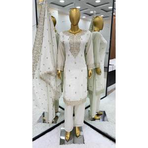 LATEST CHINON SILK EMBROIDERY <b>WORK</b> TOP BOTTOM WITH DUPATTA <b>WHITE</b> - Product Image 1