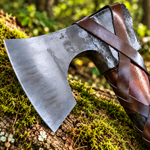 Hacha Vikinga Hecha a Mano, Forjada, con Mango de Madera y Envoltura de Cuero, Personalizada para Exhibición, Regalo para Campismo en el Bosque - Product Image 3