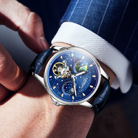 NANKIN Moon Phase 42MM Caja de acero inoxidable Relojes mecánicos Tourbillon de lujo para hombre Correa de cuero azul Cristal de zafiro
