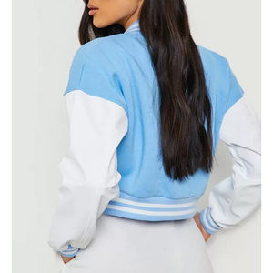 Custom Made Light Blue <b>White</b> Varsity <b>Jacket</b> Women's <b>Short</b> Sleeve Cropped Logo Print Autumn Wear Polyester wool - Product Image 6