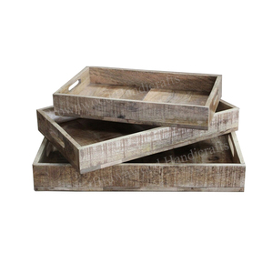 Fabricant leader de plateaux de service rectangulaires en bois décoratifs faits à la main de haute qualité au design moderne avec poignées, lot de 3 - Product Image 1