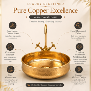 Handcrafted Golden Hammered Copper Vessel Wash <b>Basin</b> <b>Round</b> Luxury Countertop Bathroom Sink Premium Designer <b>Basin</b> for Home Hotel - Product Image 5