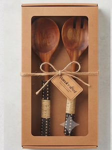 Modern Wooden Salad Servers Set With Woven Handles Bohemian Style Eco Friendly Flatware For <b>Kitchen</b> Use <b>Camping</b> And Hotel Use - Product Image 4