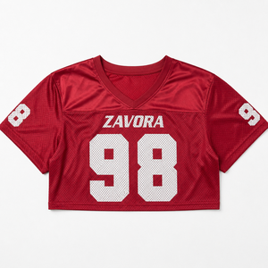 Haut court respirant rouge pour femme, grande taille, en maille, style maillot de football américain, imprimé personnalisé, col en V, manches courtes, style streetwear - Product Image 4