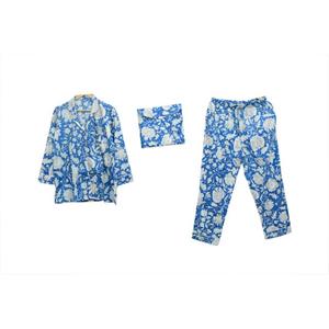 Conjunto de Pijama Azul 100% Algodón para Mujer, Estampado Floral a Mano, Manga Larga, Ropa de Dormir Tejida, Conjunto para Primavera e Invierno - Product Image 1