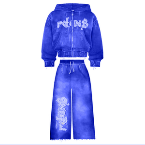Blue Hooded Tracksuit Set Full Zipper Streetwear Regular Fit Unisex Adult Autumn Wear Eco-Friendly Breathable Drawstring Closure - Product Image 1