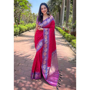 ผ้าส่าหรีถักลายดอกไม้ผ้าไหมนุ่มสีชมพูสุดหรูผ้า Zari - Product Image 3