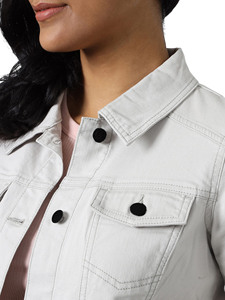 Blouson moto gris clair pour femme, style trucker, manches longues, col rabattable, style denim, fermeture éclair, couleur unie - Product Image 6