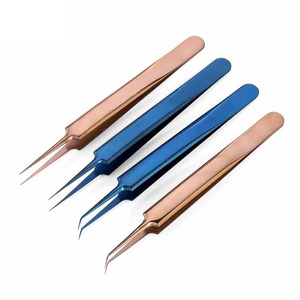 Creative Surgical Stainless Steel Gold Blue High Precision Durable Serrated Tip 10mm <b>Thin</b> Eyelash Extension Tweezers Set - Product Image 1