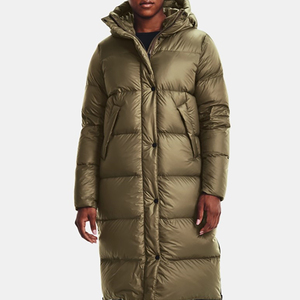 Parka longue matelassée pour femme, vert olive, à capuche, manches longues, couleur unie, hiver, épaisse, coupe-vent, doublure en nylon tricoté, fermeture éclair - Product Image 2
