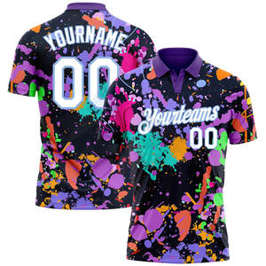 Polo de Golf Deportivo con Diseño de Graffiti Personalizado en Blanco y Azul Claro, con Salpicaduras 3D, de Alto Rendimiento y Absorción de Humedad - Product Image 1