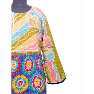 Vestido maxi bohemio elegante de alta costura para mujer, con cuello redondo, manga tres cuartos, tela de algodón kantha, estilo casual. - Product Image 2