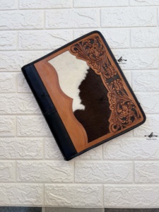 High Quality Hand Tooled Zipper Lock Business Portfolio Binder Manufacture Cowhide leather Document <b>Folder</b> With <b>Card</b> Holder - Product Image 5