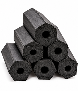 Briquettes de charbon de bois hexagonales en coque de noix de coco Cocotronics Energy, 75 % de carbone fixe, 5100-7500 Kcal/kg, longue durée de combustion, combustible pour barbecue - Product Image 1