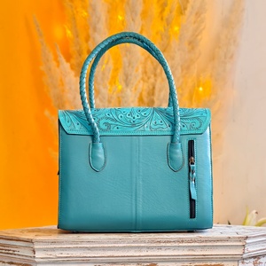 Bolso tote con diseño occidental, elegante, 100% cuero genuino, con flores talladas a mano, color azul cielo, para mujer, multiusos. - Product Image 2