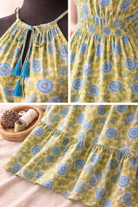 Green Floral Hand Block Print Panel Dress V Neck Sleeveless Neck Tussle Women Summer Wear Handmade Masterpiece Cotton Gown - Product Image 5