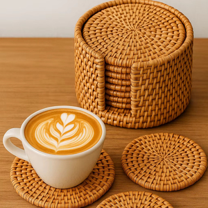 ชุดจานรองแก้วหวายทำมือ 6 ชิ้น รูปทรงกลม ดีไซน์ทันสมัย เหมาะสำหรับตกแต่งโต๊ะและอุปกรณ์ครัว - Product Image 1