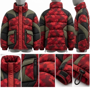 <b>Mens</b> Red Camouflage Puffer <b>Jacket</b> Quilted Winter Coat <b>Black</b> Red Camo Insulated Outdoor Fashion Full Zip Custom <b>Jacket</b> - Product Image 3