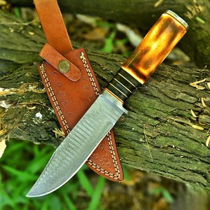 Cuchillo de Caza Personalizado de Acero de Damasco con Hoja de Punta Caída y Mango de Madera de Hueso de Camello Quemado, Cuchillo de Hoja Fija para Supervivencia al Aire Libre - Product Image 6
