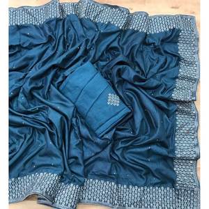 SAREE DE TRAVAIL EN DENTELLE DE SOIE À LA MODE AVEC BLOUSE INCOSÉE SARCELLE - Product Image 1