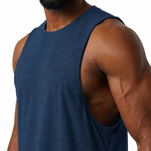 Camiseta sin mangas de algodón azul marino para hombre, cuello redondo, color sólido, informal, transpirable, de punto, de secado rápido y ecológica. - Product Image 2